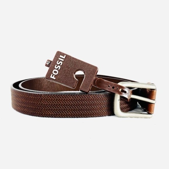 Rare Edsel Brown Fossil Leather Belt w/Woven Look - Size 40 - NWT - Picture 1 of 7